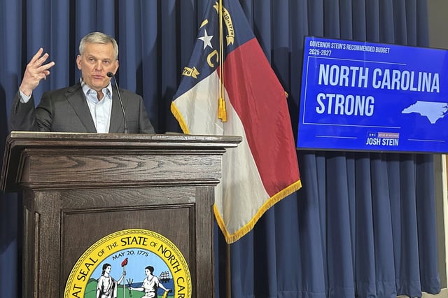 FILE - North Carolina Democratic Gov. Josh Stein speaks about his two-year state government budget proposal at the Albemarle Building in Raleigh, N.C., on Wednesday, March 19, 2025 (AP Photo/Gary D. Robertson, file)