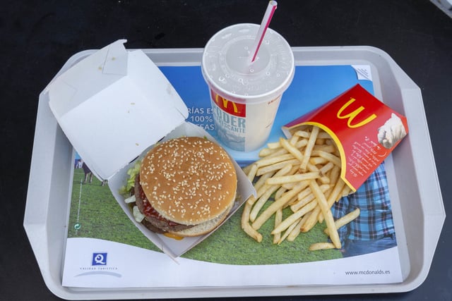 McDonald's meal of Big Mac, French fries and a soft drink.