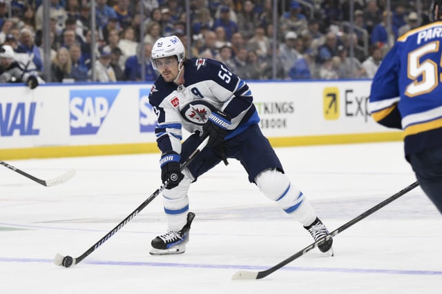 Apr 27, 2025; St. Louis, Missouri, USA; Winnipeg Jets center Mark Scheifele (55) skates against the St. Louis Blues during the first period in game four of the first round of the 2025 Stanley Cup Playoffs at Enterprise Center. Mandatory Credit: Jeff Le-Imagn Images/File Photo