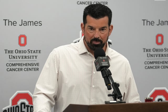 Ohio State Buckeyes head coach Ryan Day addresses members of the media during a press conference at Woody Hayes Athletic Center on April 29, 2025 in Columbus, Ohio.