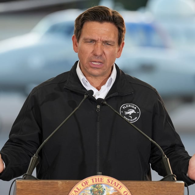 FILE - Florida Gov. Ron DeSantis speaks during a press conference on immigration enforcement at a U.S. Customs and Border Protection hangar on Homestead Air Force Base, Feb. 26, 2025, in Homestead, Fla. (AP Photo/Rebecca Blackwell, File)