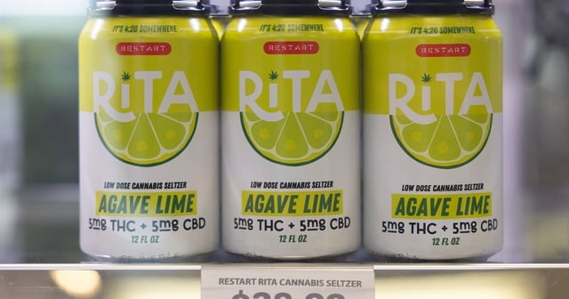 Restart CBD displays beverages in a fridge on Thursday, May 9, 2024 in Austin. Beverages are a really interesting opportunity for this industry as they are accessible like edibles, but also allow for people to consume drinks that aren’t alcohol but still have some sort of benefit.