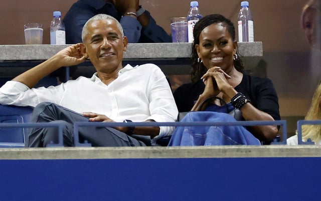 Former President of the United States Barack Obama and former First Lady Michelle Obama look on during the Women&#39;s Singles First Round match between Coco Gauff of the United States and Laura Siegemund of Germany on Day One of the 2023 US Open at the USTA Billie Jean King National Tennis Center on August 28, 2023 in Queens, New York. (Photo by Sarah Stier/Getty Images)