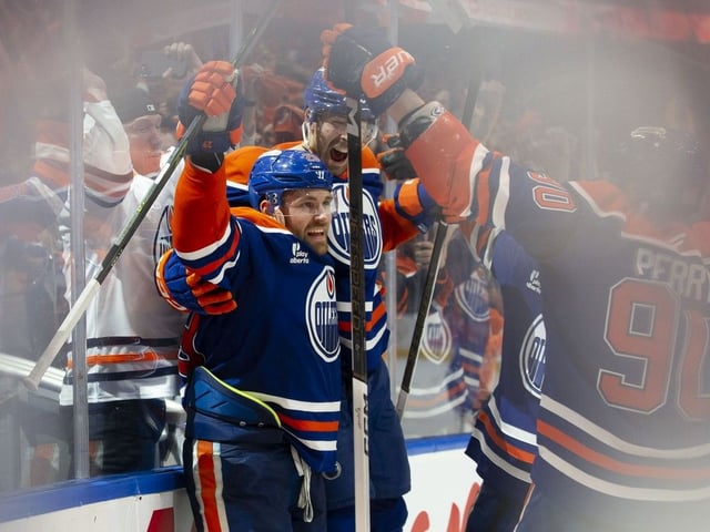Edmonton Oilers forward Leon Draisaitl celebrates his game-winning goal against the Los Angeles Kings during overtime in Game 4 of the Western Conference quarterfinal series at Rogers Place on Sunday, April 27, 2025 in Edmonton.