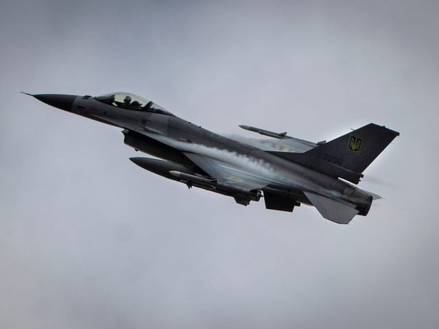 A Ukrainian Air Force F-16 fighter jet flies in an undisclosed location in Ukraine on August 4.