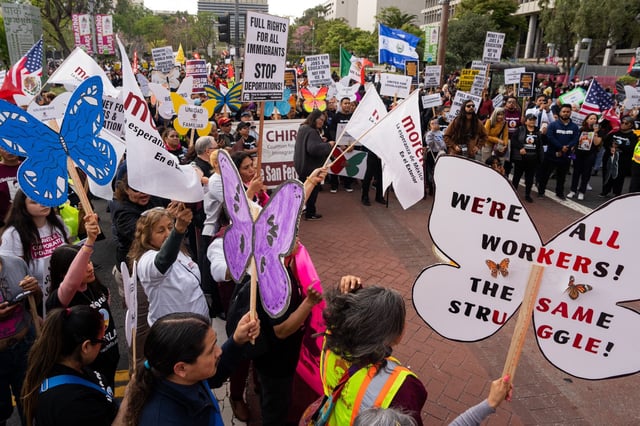 Demonstrators march and rally to mark International Workers' Day, also known as May Day, on May 1, 2023, in Los Angeles, California.