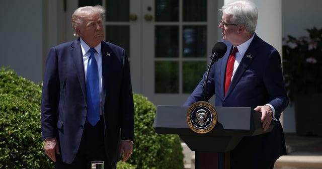 President Donald Trump and Texas Lt. Gov. Dan Patrick speak at a National Day of Prayer event in the Rose Garden at the White House on May 1, 2025 in Washington, D.C.