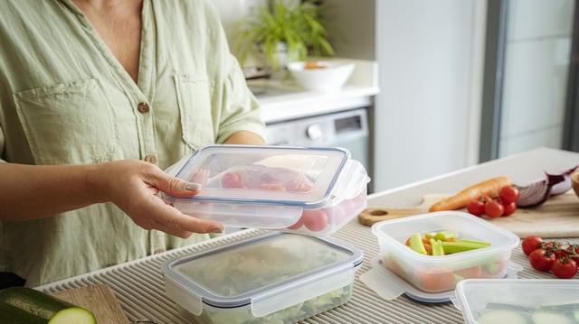 Woman packing healthy vegetables in plastic airtight food containers. High resolution 42Mp indoors digital capture taken with SONY A7rII and Zeiss Batis 40mm F2.0 CF lens