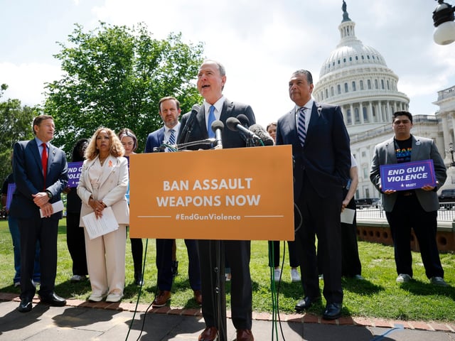 WASHINGTON, DC - APRIL 30: U.S. Sen. Adam Schiff (D-CA) speaks at a press conference introducing the Assault Weapons Ban of 2025 on April 30, 2025 in Washington, DC. The legislation would ban the manufacture and sale of assault weapons at the state level to help prevent future mass shootings. Schiff was joined by (L-R) Rep. Lucy McBath (D-GA), Sen. Chris Murphy (D-CT) and Sen. Alex Padilla (D-CA). (Photo by Kevin Dietsch/Getty Images)