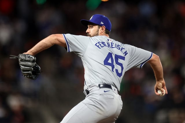 The Dodgers on Thursday reacquired relief pitcher J.P. Feyereisen, shown pitching against the San Francisco Giants last May in San Francisco. Feyereisen, 32, returns to the Dodgers as a waiver claim from the Arizona Diamondbacks. (Photo by Ezra Shaw/Getty Images)