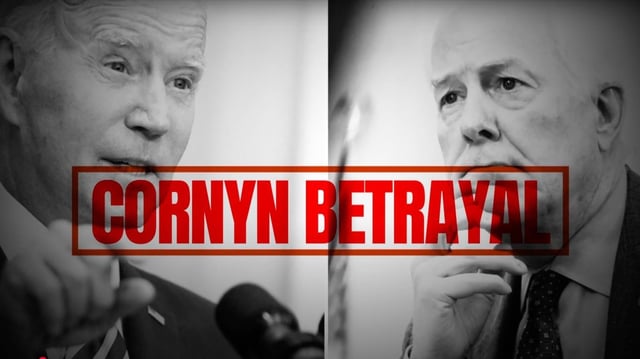 A frame from a new ad by a group supporting Texas Attorney General Ken Paxton in his upcoming race against Sen. John Cornyn (R-Texas) links Cornyn to former President Biden. Image: Courtesy Preserving Texas