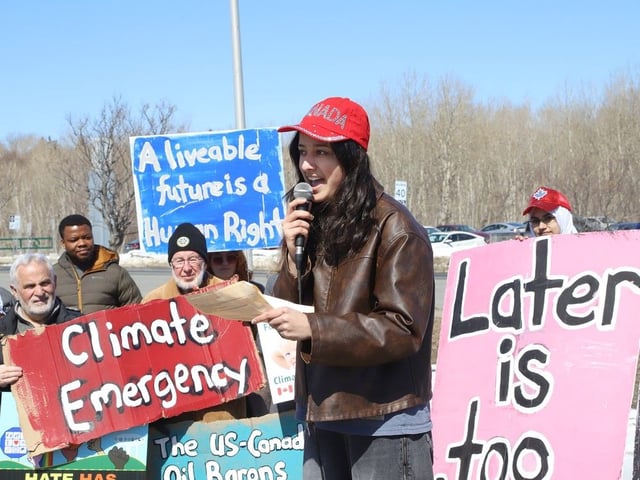 Climate activist Sophia Mathur addresses participants in Fridays For Future Greater Sudbury's climate strike in Sudbury, Ont. on Friday April 11, 2025. 