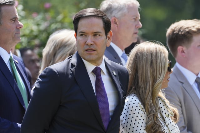 Secretary of State Marco Rubio attends a National Day of Prayer event in the Rose Garden of the White House, Thursday, May 1, 2025, in Washington. (AP Photo/Evan Vucci)
