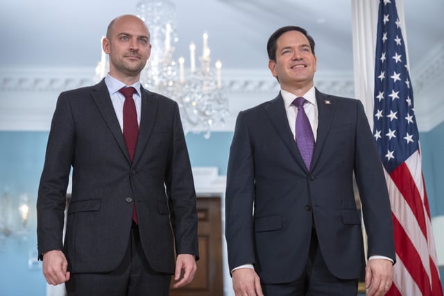 Secretary of State Marco Rubio, right, stands with French Foreign Minister Jean-Noel Barrot at the State Department, Thursday, May 1, 2025, in Washington. (AP Photo/Mark Schiefelbein)
