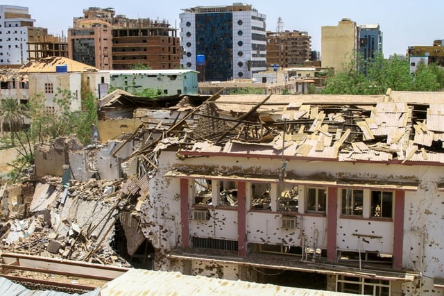 In central Khartoum, the war damage is everywhere. The building in the foreground used to be a hospital before becoming a battleground.