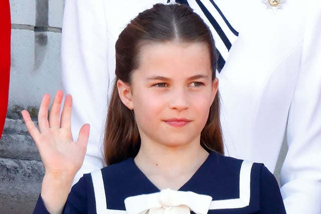 Princess Charlotte watches an RAF flypast from the balcony of Buckingham Palace after attending Trooping the Colour in London, England, on June 15, 2024.
