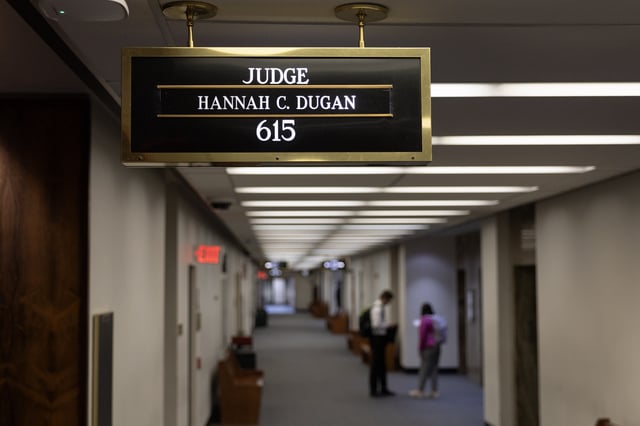 A sign hangs above the courtroom of Milwaukee County Circuit Judge Hannah Dugan in the Milwaukee County Courthouse on April 25, 2025 in Milwaukee, Wisconsin. (Photo by Scott Olson/Getty Images)