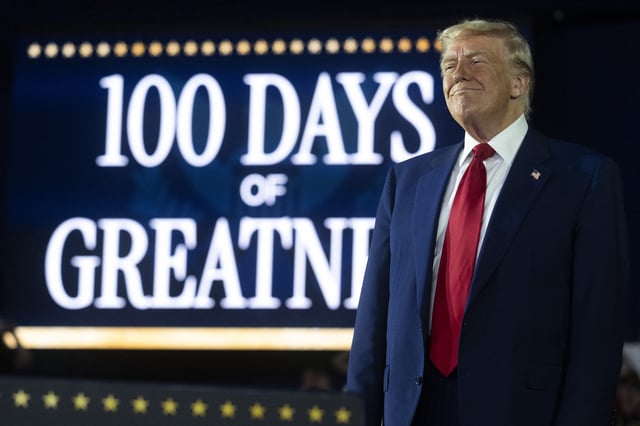 US President Donald Trump delivers a speech marking his 100th day in office at Macomb County Community College Sports Expo Center in Warren, Michigan, on April 29, 2025. Trump marked the first 100 days by announcing two further days of celebration.