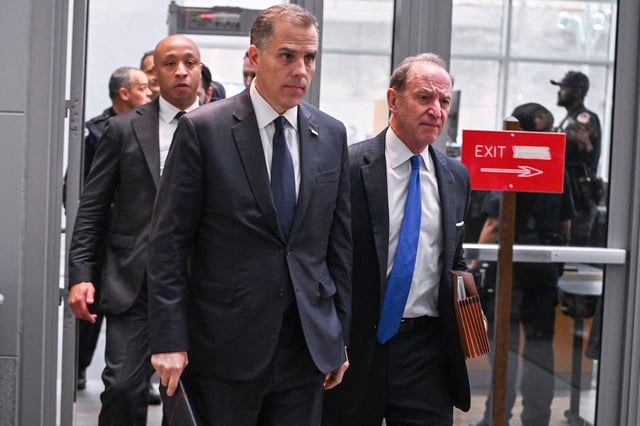 From center, Hunter Biden and attorney Abbe Lowell, from right, arrive for a closed-door deposition with the House Oversight and Judiciary committees on Capitol Hill, on Feb. 28, 2024.