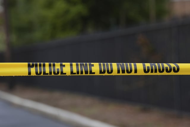 Police tape cordons in Harrisburg, Pennsylvania., Monday, April 14, 2025. This is not footage from the Snowflake Donuts robbery.