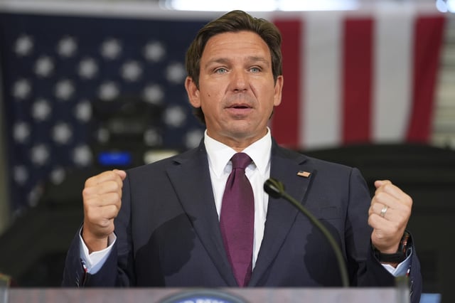 Gov. Ron DeSantis speaks during a press conference about a recent immigration enforcement operation, at the South Florida office of U.S. Immigration and Customs Enforcement and Enforcement and Removal Operations, Thursday, May 1, 2025, in Miramar, Florida.