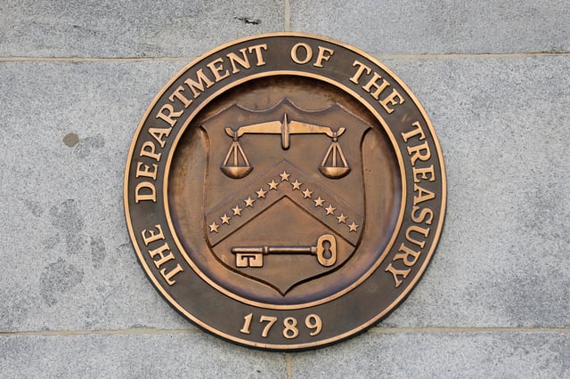 Signage is seen at the United States Department of the Treasury headquarters in Washington, D.C., U.S., August 29, 2020. REUTERS/Andrew Kelly/File Photo