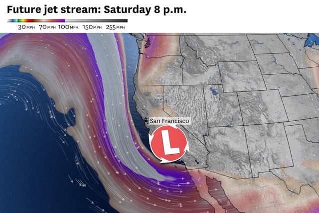 A low-pressure system will promote strong winds in the Bay Area and a chance of thunderstorms this weekend in Southern California. 