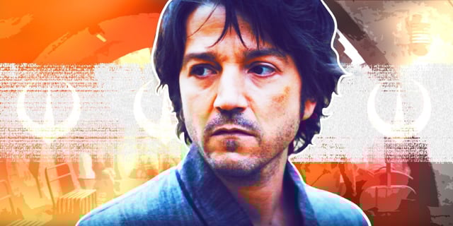 Diego Luna as Cassian Andor in front of an orange background in Andor