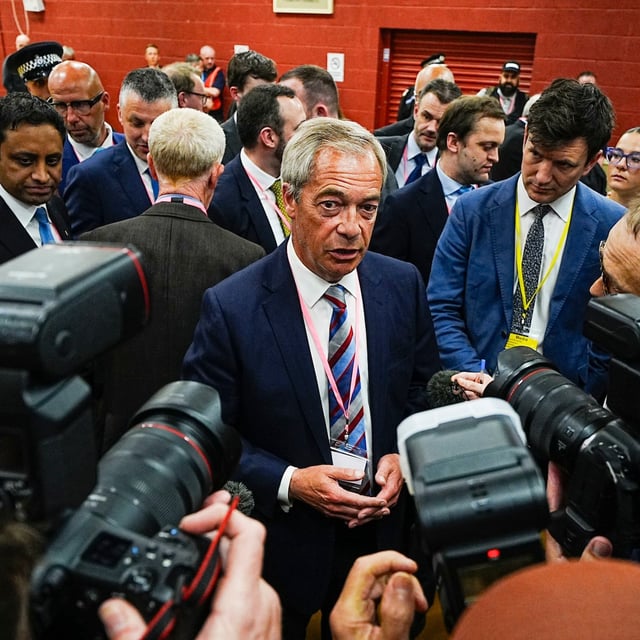 Reform UK Party Leader Nigel Farage talks to the media after Sarah Pochin won the Runcorn and Helsby by-election at DCBL Halton Stadium, Widnes, Cheshire, on May 2.