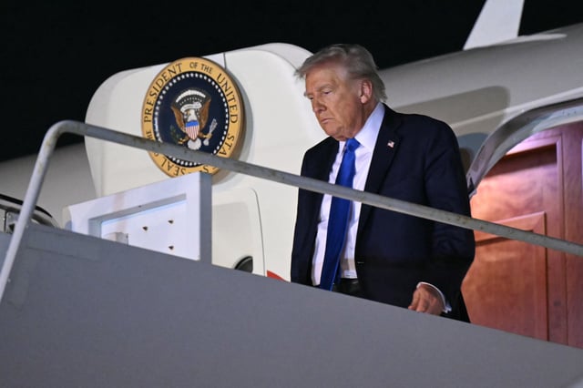US President Donald Trump disembarks from Air Force One upon arrival at Palm Beach International Airport in West Palm Beach, Florida, May 1, 2025.