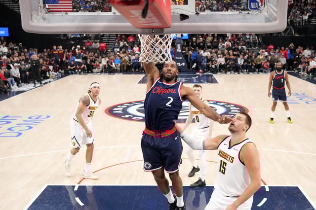 LA Clippers forward Kawhi Leonard (2) dunks the ball in the first half against the Denver Nuggets during game six of first round for the 2025 NBA Playoffs at Intuit Dome in Inglewood, California on May 1, 2025.