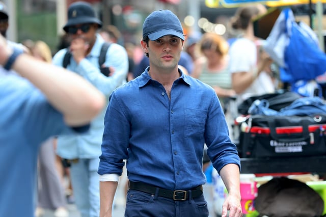 Penn Badgley is seen filming &#34;You&#34; in Uptown Manhattan on July 16, 2024 in New York City.