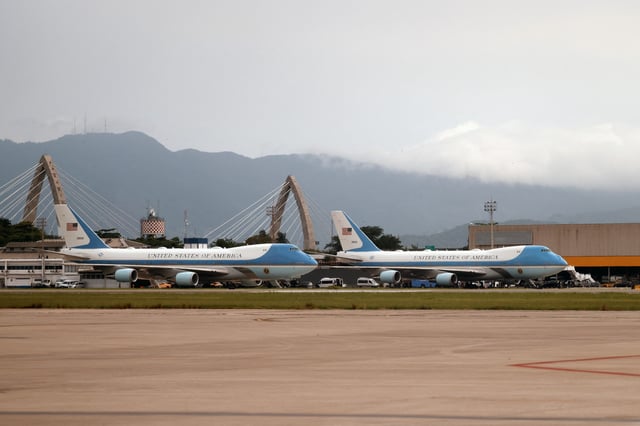 Two Boeing 747 airplanes that serve as Air Force One when the President of the United States is aboard sit on the tarmac at the Galeao International Airport during the G20 summit in Rio de Janeiro, Brazil, on November 19, 2024.