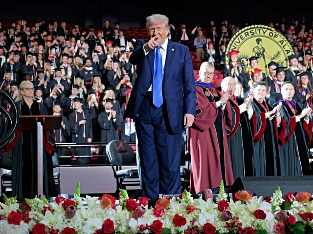 TUSCALOOSA, ALABAMA - MAY 01: U.S. President Donald Trump walks offstage after delivering remarks to graduating students at the Coleman Coliseum at the University of Alabama on May 01, 2025 in Tuscaloosa, Alabama. Trump's remarks come the day before official commencement ceremonies. (Photo by Anna Moneymaker/Getty Images)