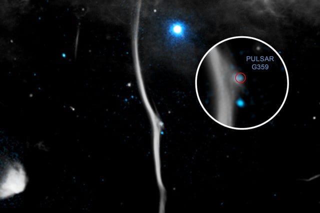 The fracture in &#34;the Snake&#34;, one of the Milky Way&#39;s longest and brightest Galactic Center Filaments—and, inset, the pulsar believed responsible for the break.