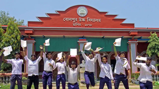 Students celebrate their success after the West Bengal Board of Secondary Education (WBBSE) declared its class 10 results, at Bolpur school in Birbhum on Friday, May 2, 2025.