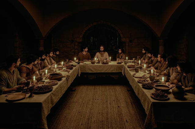 Jesus (Jonathan Roumie) foreshadows his death during a meal with his disciples, known as the Last Supper.