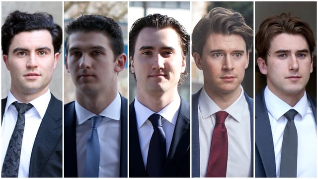 Dillon Dubé, Cal Foote, Alex Formenton, Carter Hart and Michael McLeod, former world junior hockey teammates, are on trial in London, Ont. 