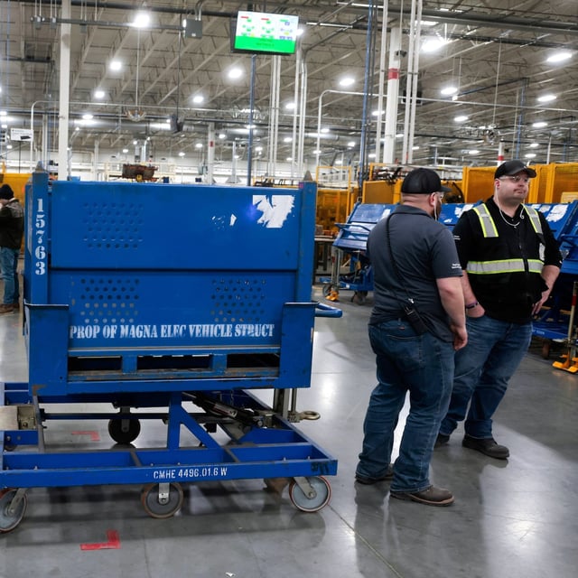 Workers chat with each other at the Magna Electric Vehicle Structures Facility that builds battery enclosures for electric (EV) vehicles, in St. Clair, Michigan, U.S., March 26, 2025.