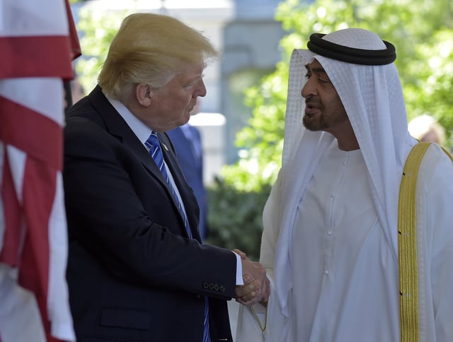 President Donald Trump welcomes Abu Dhabi&#39;s Crown Prince Sheikh Mohammed bin Zayed Al Nahyan to the White House in Washington, Monday, May 15, 2017.
