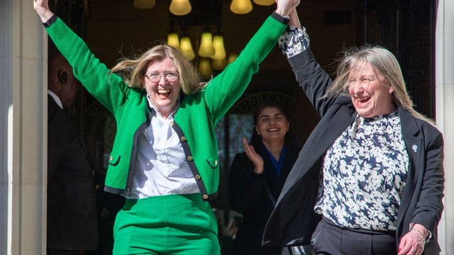Susan Smith and Marion Calder celebrate outside the Supreme Court on April 16, when judges confirmed that the term “woman” refers to biological sex, not gender identity. The decision ended a long-running legal battle between the campaign group For Women Scotland and the Scottish government