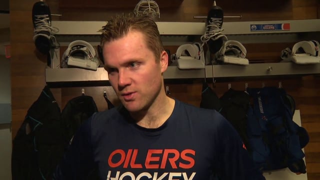 Edmonton Oilers goaltender Calvin Pickard speaks to reporters at Rogers Place on March 20, 2024.