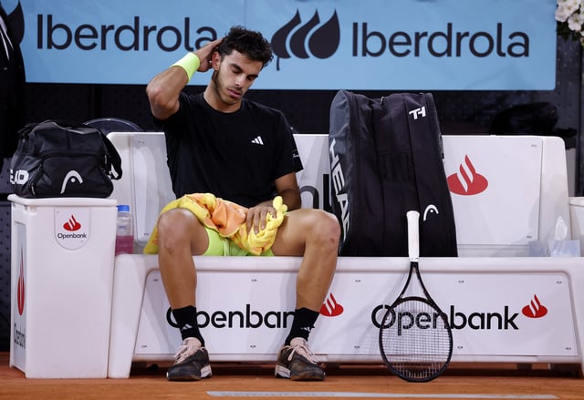 Tennis - Madrid Open - Park Manzanares, Madrid, Spain - May 2, 2025 Argentina's Francisco Cerundolo reacts during his semi final match against Norway's Casper Ruud REUTERS/Juan Medina
