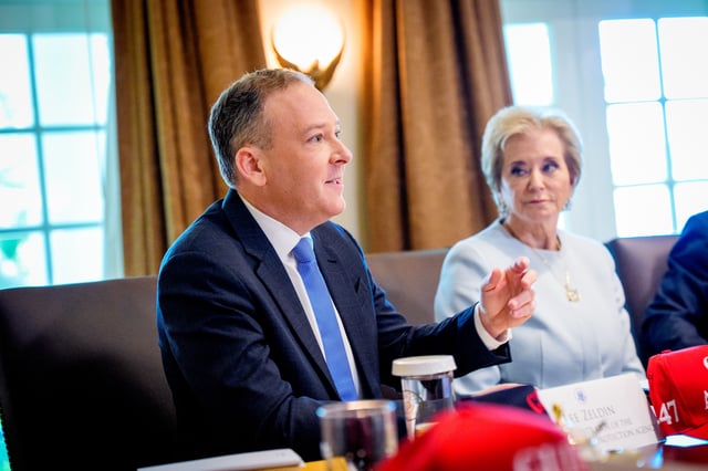 EPA Administrator Lee Zeldin, accompanied by Education Secretary Linda McMahon (R), speaks during a Cabinet meeting at the White House on April 30.