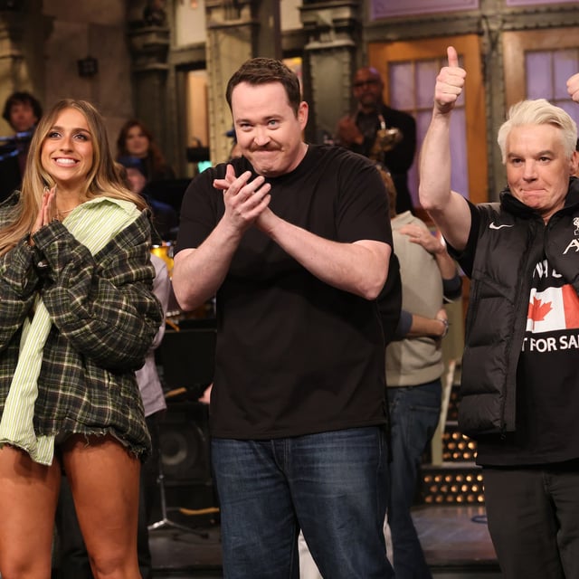 SATURDAY NIGHT LIVE -- Episode 1877 -- Pictured: (l-r) Musical guest Tate McRae, host Shane Gillis, and special guest Mike Myers during Goodnights & Credits on Saturday, March 1, 2025 -- (Photo by: Will Heath/NBC via Getty Images)