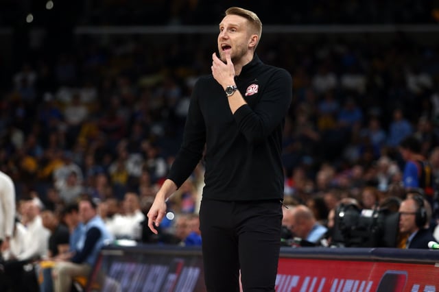 Apr 26, 2025; Memphis, Tennessee, USA; Memphis Grizzlies interim head coach Tuomas Iisalo reacts during the fourth quarter against the Oklahoma City Thunder during game four for the first round of the 2024 NBA Playoffs at FedExForum. Mandatory Credit: Petre Thomas-Imagn Images/File Photo