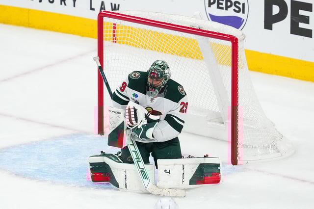 Apr 29, 2025; Las Vegas, Nevada, USA; Minnesota Wild goaltender Marc-Andre Fleury (29) makes a save against the Vegas Golden Knights during the third period of game five of the first round of the 2025 Stanley Cup Playoffs at T-Mobile Arena. Mandatory Credit: Stephen R. Sylvanie-Imagn Images/File Photo