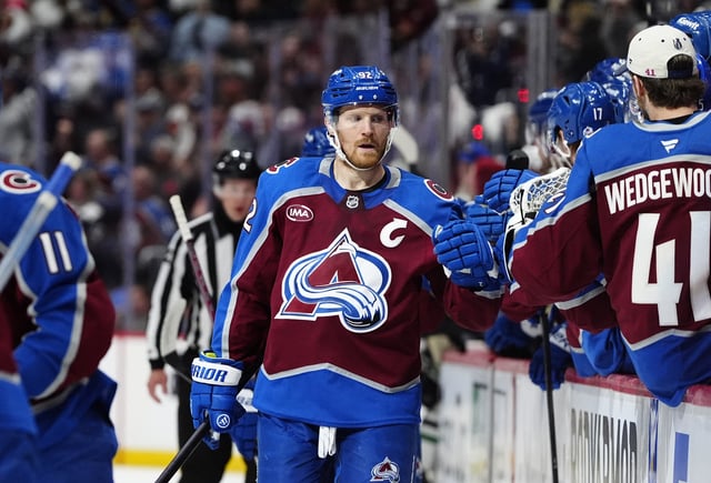 May 1, 2025; Denver, Colorado, USA; Colorado Avalanche left wing Gabriel Landeskog (92) his assist of a goal in the first period against the Dallas Stars in game six of the first round of the 2025 Stanley Cup Playoffs at Ball Arena. Mandatory Credit: Ron Chenoy-Imagn Images/File Photo