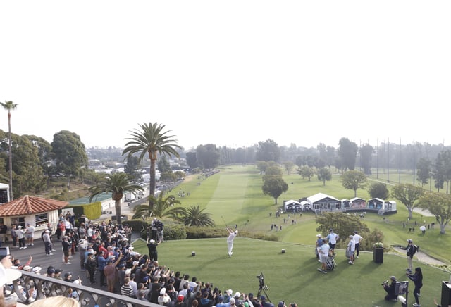 Scottie Scheffler hits a tee shot during the second round of the Genesis Invitational on February 16, 2024, at Riviera Country Club in Pacific Palisades, California.