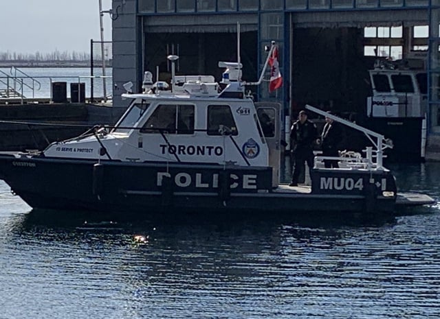 A Toronto Police Marine Unit boat is pictured in the Toronto harbour on Monday, Feb. 6, 2023.